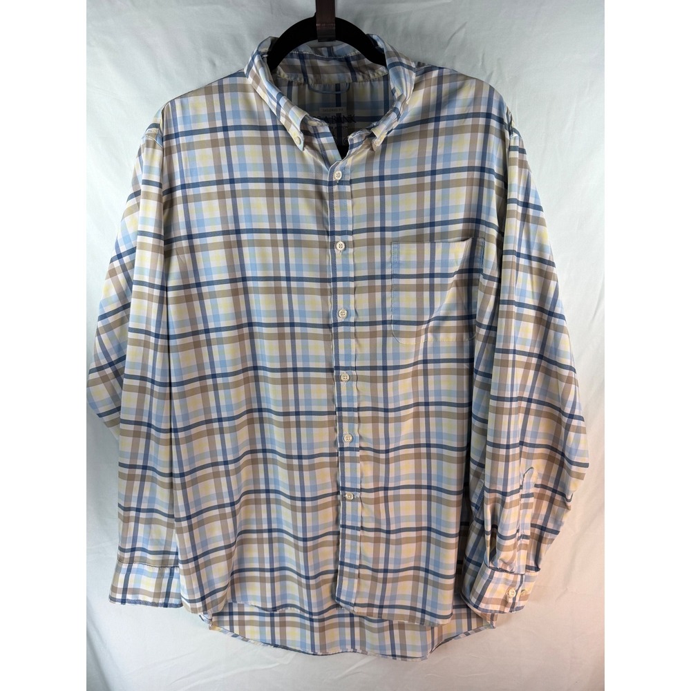 Jos A Bank Traveler Motion Shirt Mens Large Tailored Fit Plaid Blue Tan Stretch